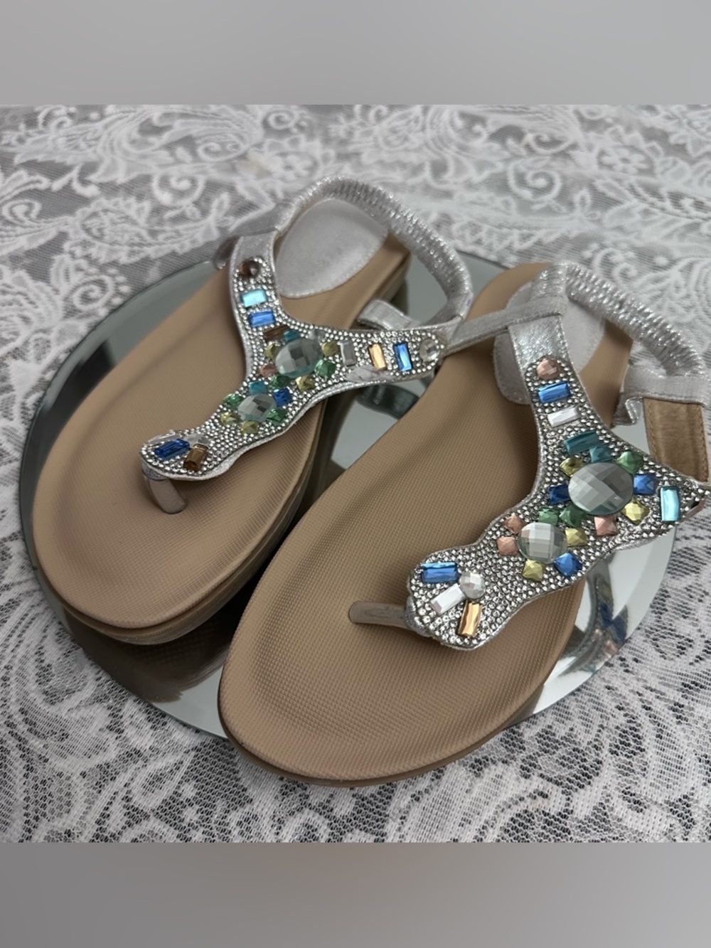 Embellished T-Strap Sandals Women’s Size 6-6.5 Silver Jewel Flat